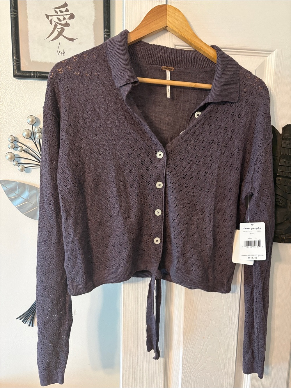 Free People Deep Purple Openwork Button-Front Cropped Cardigan